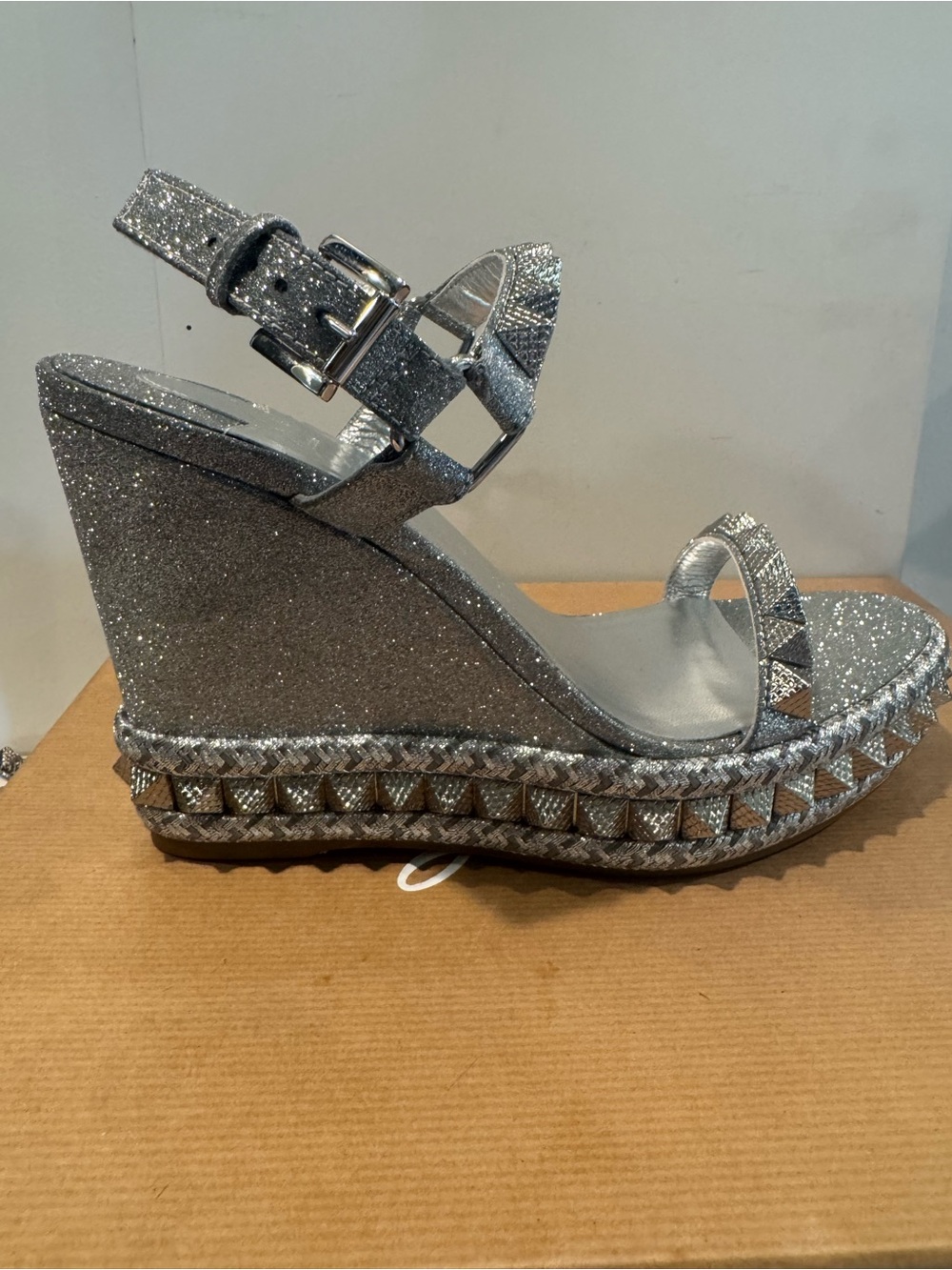 Christian Louboutin Pyraclou 110 Silver Glitter Platform Wedge Sandal